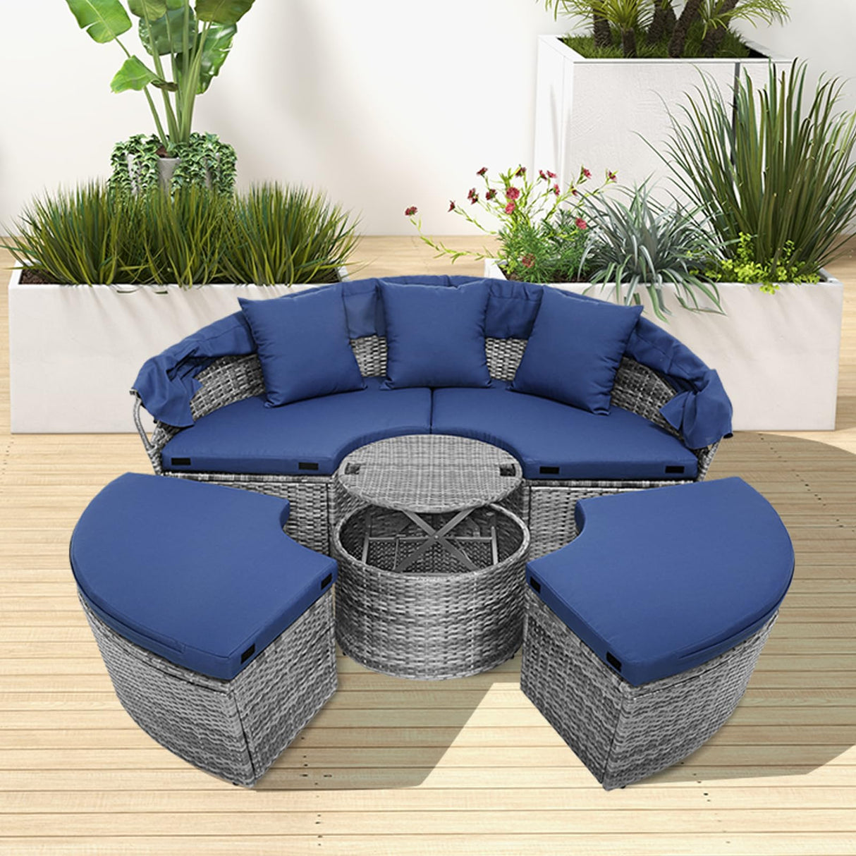 RELAX4LIFE Round Outdoor Daybed with Canopy, Rattan Wicker Sectional Sofa Set w/Cushions, Height Adjustable Table, Conversation Bed Lounger Separated Seating for Outside Pool, Patio Daybed (Navy) RELAX4LIFE