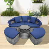 RELAX4LIFE Round Outdoor Daybed with Canopy, Rattan Wicker Sectional Sofa Set w/Cushions, Height Adjustable Table, Conversation Bed Lounger Separated Seating for Outside Pool, Patio Daybed (Navy) RELAX4LIFE
