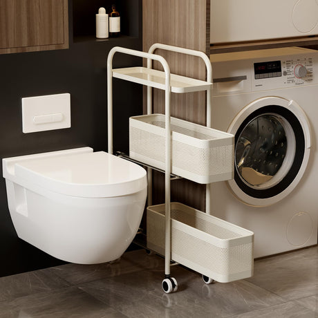 Slim Storage Cart 3 Tier with Pull Out Metal Basket Bathroom Organizer Rolling cart, Installation-Free Rolling Utility Cart Slide Out Organizer for Kitchen, Bathroom, Laundry (White, 3 Tier) CABTE