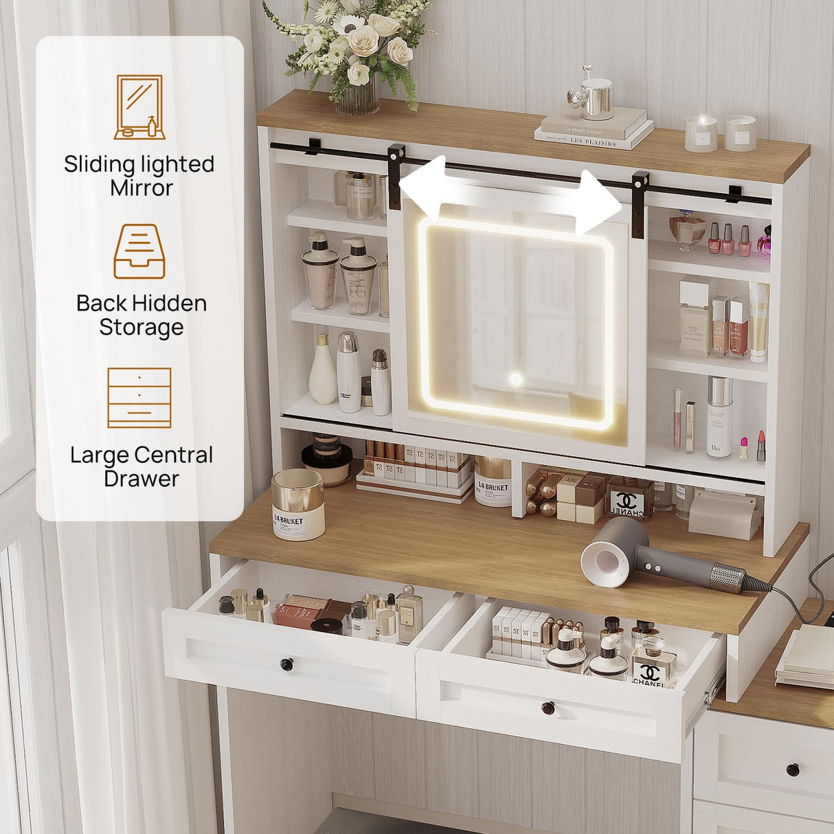 amzzar Farmhouse Vanity Desk with Sliding Lighted Mirror, White Makeup Vanity Table with Drawers and Side Storage, Large Dressing Table Vanity Set with Stool and Charging Station for Bedroom amzzar