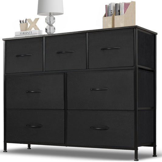 Zibbizo Dresser for Bedroom, 7 Storage Drawers, Anti-Tip Wide Fabric Closet Chests Organizer Tower Furniture, TV Stand for TV up to 45 inch with Wooden Top Metal Frame for Clothes, Living Room