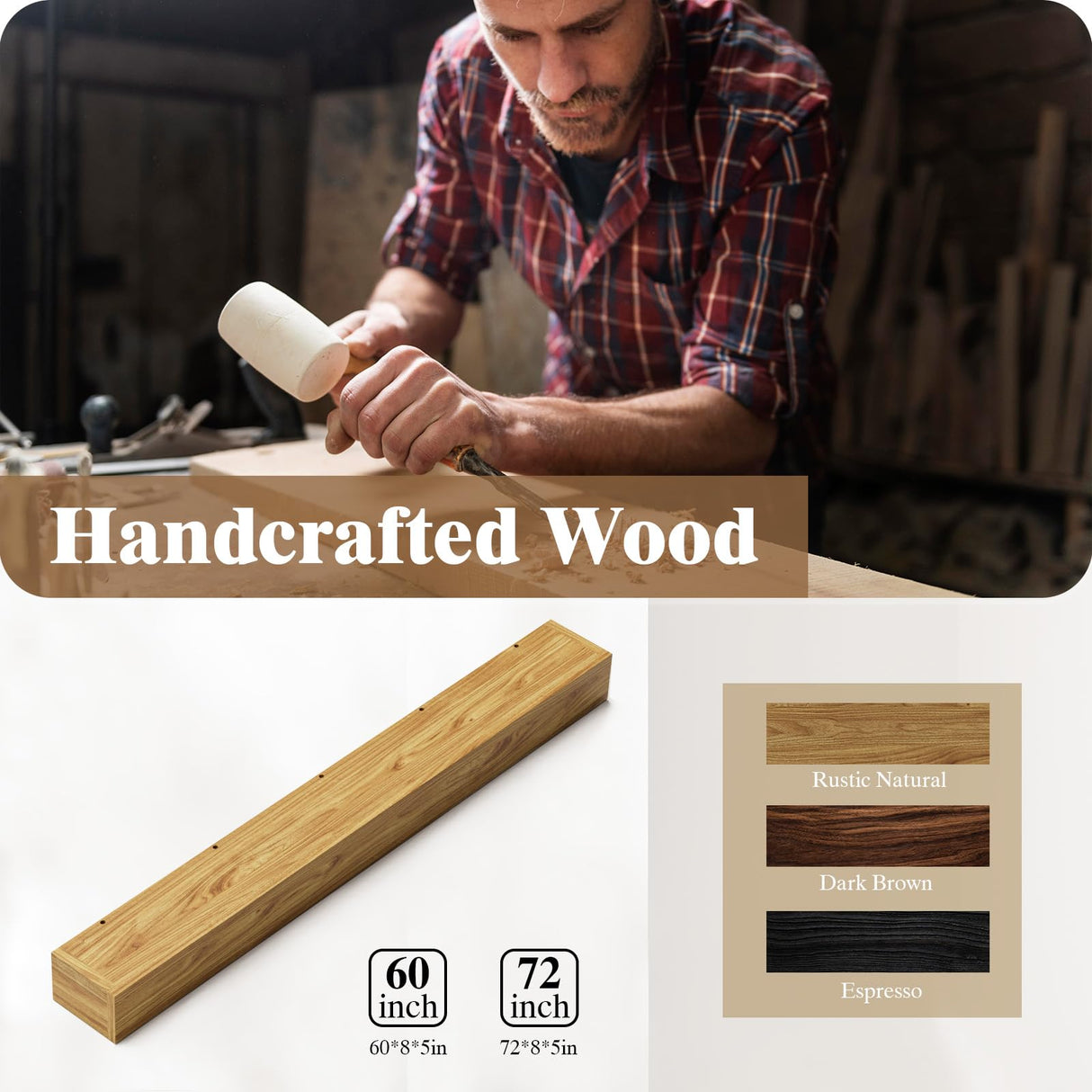 EASYEGO Fireplace Mantel Shelf 60", Rustic Wood Mantles for Over Fireplace, Handcrafted Floating Mantel Shelf, Wall Mounted Farmhouse Decor, with Brushed Surface Workmanship(60Lx8Dx5H, Rustic Natural) Easyego