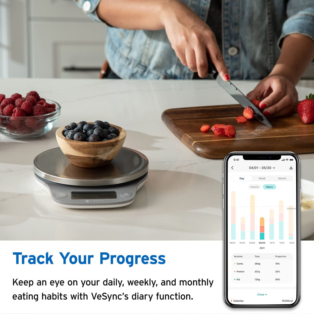 Etekcity Nutrition Smart Food Kitchen Scale, Digital Ounces and Grams for Cooking, Baking, Meal Prep, Dieting, and Weight Loss, 11 Pounds-Bluetooth, 304 Stainless Steel Etekcity