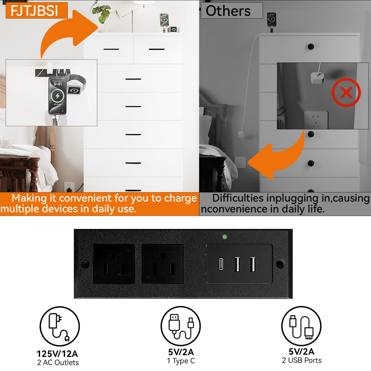 FJTJBSI 47.3" Tall Dresser for Bedroom Chests of Drawers with Charging Station 7 Drawer Dressers with Metal Slide Rail Modern Wood Closet Organizer with Large Storage for Home Office Entryway FJTJBSI