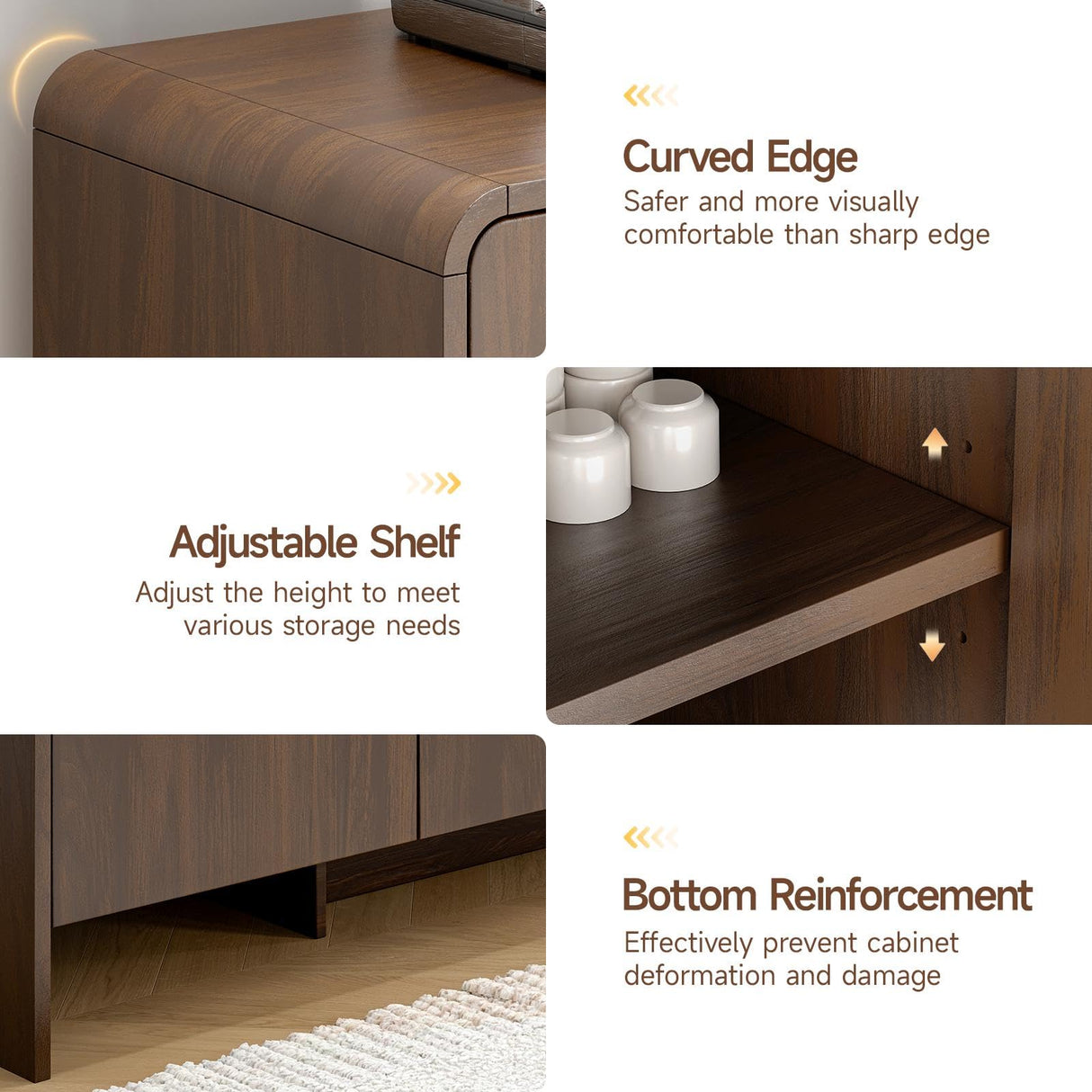 ONBRILL 60" Sideboard Buffet Cabinet with Storage, Curved Design Farmhouse Coffee Bar Cabinet with 4 Doors & Adjustable Shelves for Living Room, Kitchen, Hallway, Walnut ONBRILL