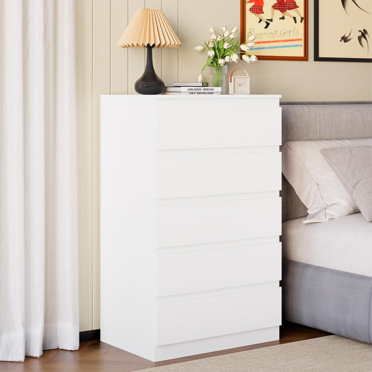 OtterOasis White Wood Dresser for Bedroom, 5 Drawer for Clothes Storage, Modern Dresser with Wide Drawers, Wide Wooden Chest Drawers for Living Room, Entryway, TV Stand OtterOasis