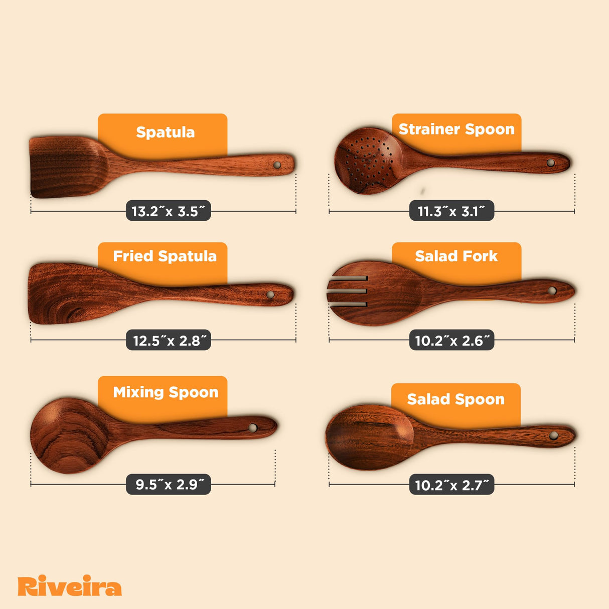 Riveira's 6-Piece Dark Brown Wooden Spoons for Cooking - Elegant Kitchen Essentials/Kitchen Utensils Set for Every Culinary Need Spatula Riveira