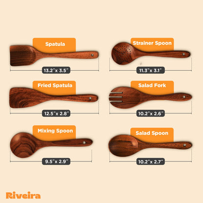 Riveira's 6-Piece Dark Brown Wooden Spoons for Cooking - Elegant Kitchen Essentials/Kitchen Utensils Set for Every Culinary Need Spatula - WoodArtSupply