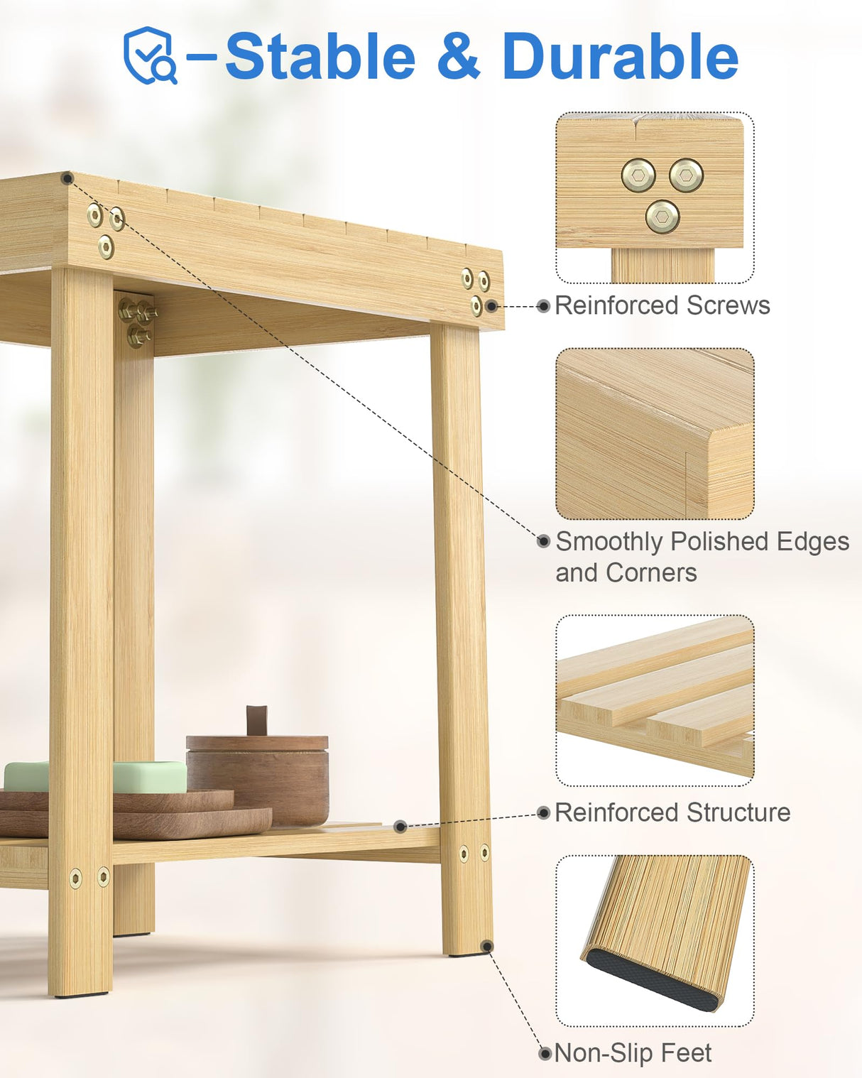 Bamneat Small Bamboo Bathroom Shower Bench with Storage Shelf, Durable Shower Stool for Shaving Legs, Indoor and Outdoor Use, Natural Bamneat