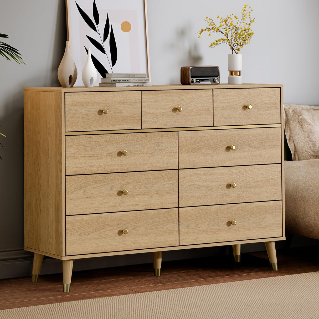 Chrangmay 9 Drawers Dresser for Bedroom,35.4" Tall Wood Rustic Modern Chest of Drawers with Natural Texture,with Anti-Tipping Device, Storage Dressers Organizer for Bedroom, Living Room,Yellow Chrangmay
