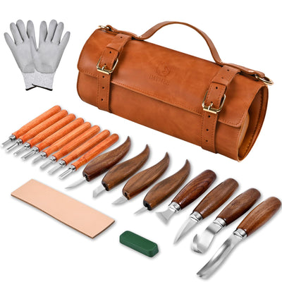 IMYMEE Deluxe Wood Carving Kit - 21Pcs Wood Carving Tools with Large Leather Case,Wood Carving Tools Set with 8Pcs Whittling Knives, 8Pcs Detail Carving Knives,Wood Whittling Kit for Beginners