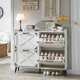 Barnyatoh Shoe Storage Cabinet,Farmhouse Shoe Organizer with 4 Flip Drawers & Barn Door Design,Freestanding Hidden Slim Narrow Shoe Rack Cabinet for Entryway,Foyer,Hallway,Antique White Barnyatoh