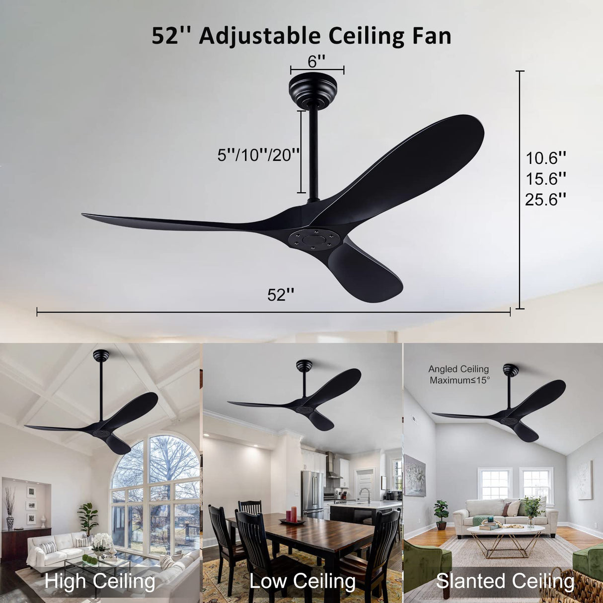 QUTWOB 52" Ceiling Fan with Remote Control No Lights,Modern Reversible DC Motor Indoor Outdoor 3 Blades Ceiling Fans for Patio Bedroom Living Room(Black) QUTWOB