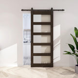 BARNSMITH 30in x 84in Glass Barn Door with 5FT Sliding Door Hardware Kit Included & Handle,5-Panel Frosted Glass Solid Wood Slab with Water-Proof PVC Surface,Pre-Drilled Easy Assembly,Brown BARNSMITH