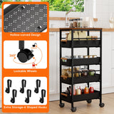Landmok 5-Tier Slim Storage Cart, Wooden Top Rolling Kitchen Cart with Pull-Out Baskets & Wheels, Narrow Space Utility Cart Slide Out Organizer for Kitchen, Bathroom, Laundry Room, Black Landmok