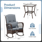 Tangkula 3 Piece Patio Rocker Set, Patiojoy Outdoor Wicker Rocking Chairs w/Double-Layer Coffee Table, Rattan Rocker Chair Set w/Seat Back Cushions & Pillows, for Porch, Backyard, Poolside (Grey) Tangkula