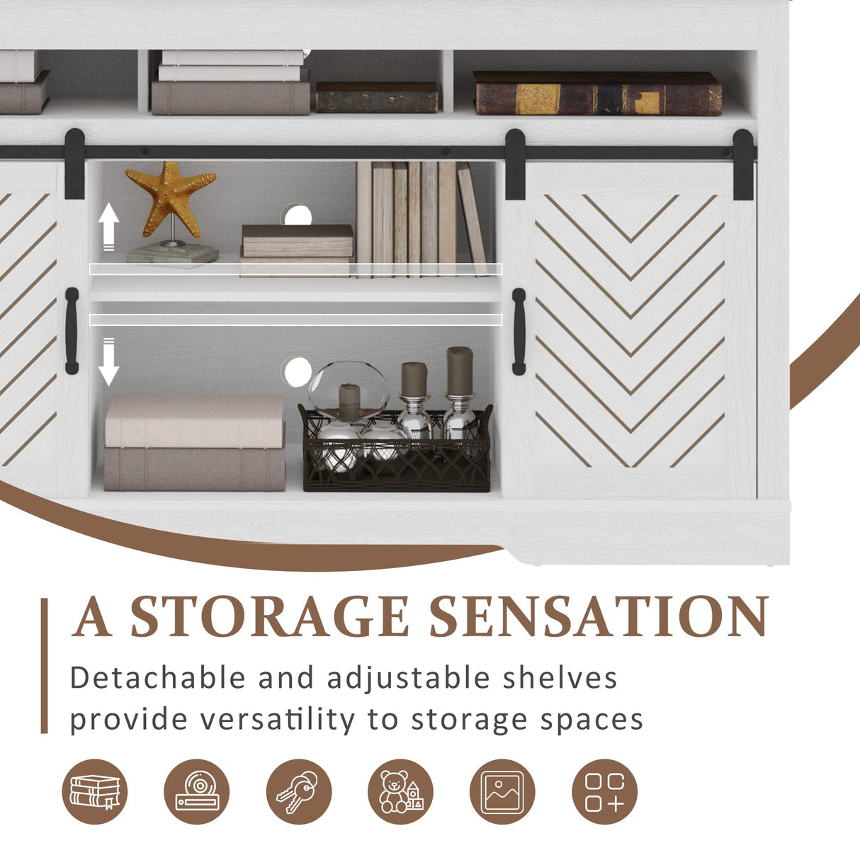 RoyalCraft Farmhouse TV Stand with Sliding Barn Door for TVs up to 65+ Inch, 34" Tall Entertainment Center, Wood Media Console Storage Cabinet for Bedroom, Living Room, White and Rustic Oak RoyalCraft