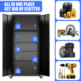 Reemoon 73" H Metal Storage Cabinet with Wheels, Garage Storage Cabinet with 4 Adjustable Shelves and Lockable Doors for Garage Home Office Utility Room,Required Assembly,Black Reemoon