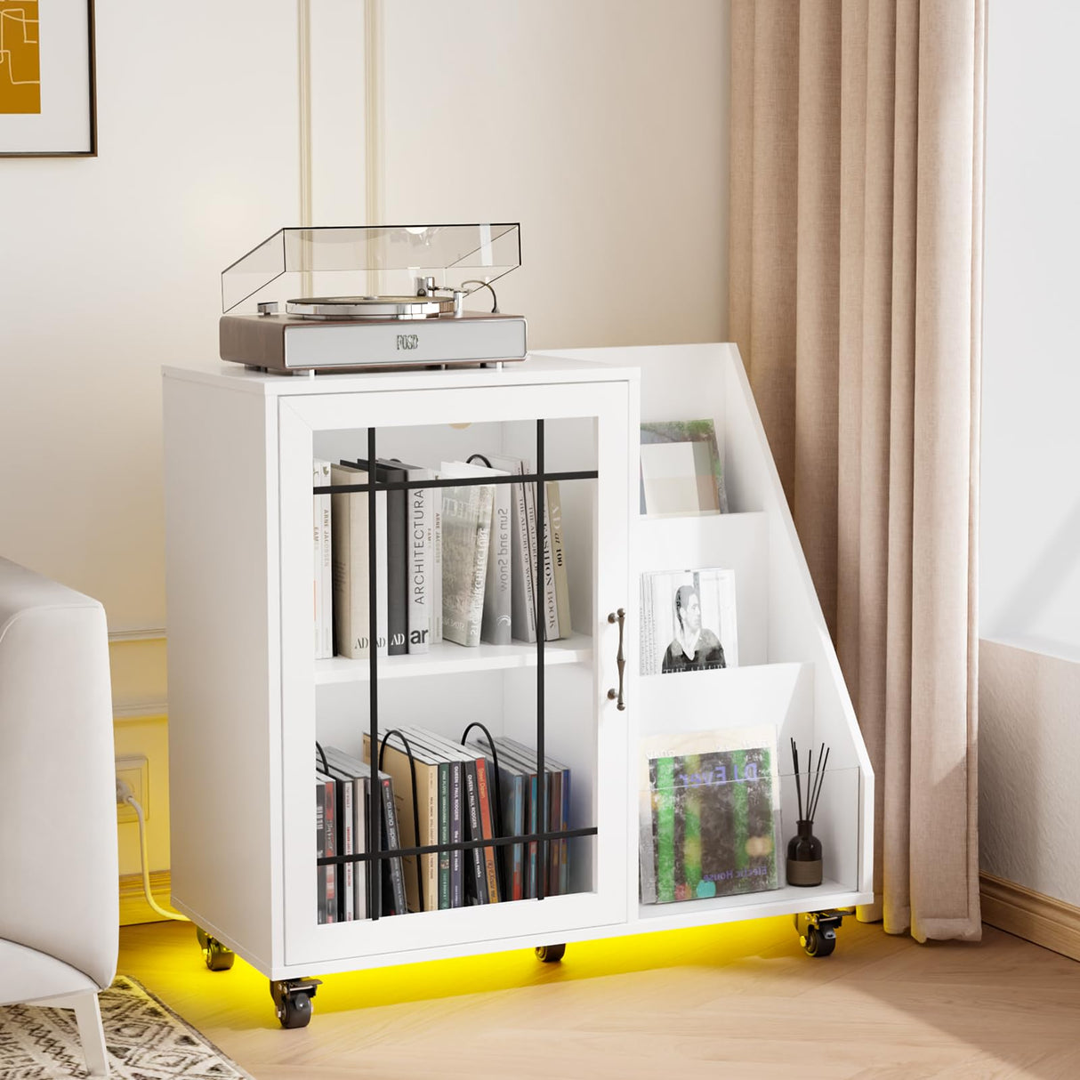 VINGLI Large Record Player Stand with Display Area, Turntable Stand with Storage, Vinyl Record Holder Up to 350 Albums, Record Player Table with LED Lights ＆ Charging Station for Music Room, White VINGLI