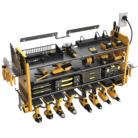 SUPERDANNY Power Tool Organizer Wall Mount with Charging Station, Adjustable 4-Tier 8 Drill Storage Shelf Garage Organization, Cordless Drill Hanger Tool Battery Holder Storage Rack with 6 AC 4 USB SUPERDANNY