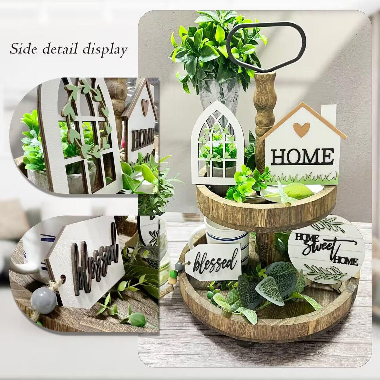 6 Pieces Farmhouse Tiered Tray Decor Beautiful Sweet Home Wood Sign Artificial Plant Rustic Tray Decorations Centerpiece Set for Home & Kitchen Decor(Tiered Tray NOT Included) Jxueych