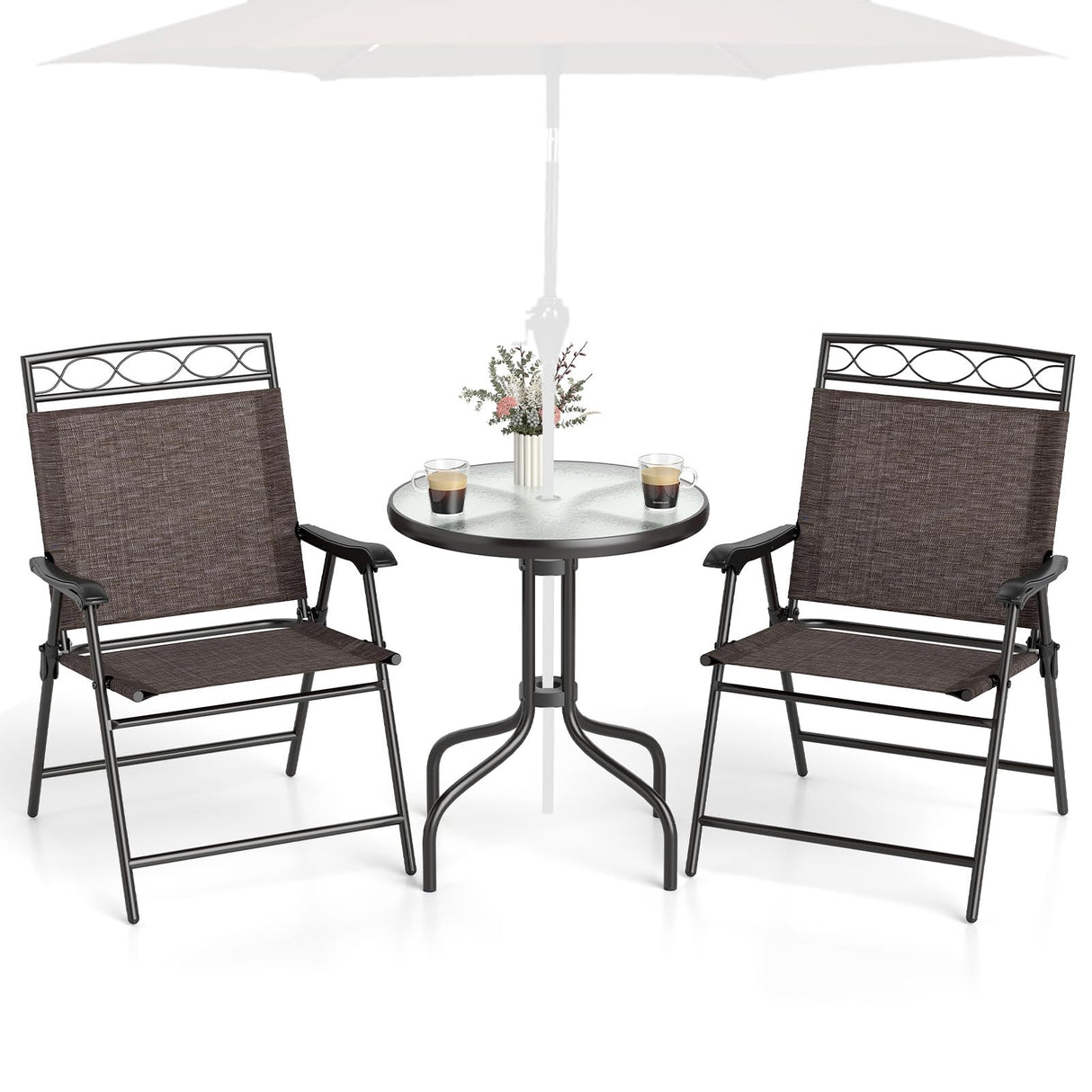 HAPPYGRILL 3 Pieces Patio Dining Set with Round Glass Table, Folding Chairs, Outdoor Chairs Table Set with Umbrella Hole for Garden Poolside Backyard HAPPYGRILL