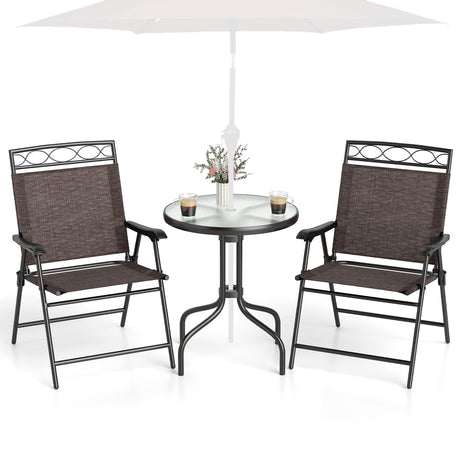 HAPPYGRILL 3 Pieces Patio Dining Set with Round Glass Table, Folding Chairs, Outdoor Chairs Table Set with Umbrella Hole for Garden Poolside Backyard HAPPYGRILL