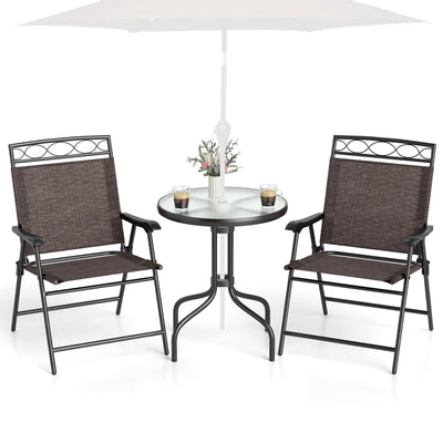 HAPPYGRILL 3 Pieces Patio Dining Set with Round Glass Table, Folding Chairs, Outdoor Chairs Table Set with Umbrella Hole for Garden Poolside Backyard