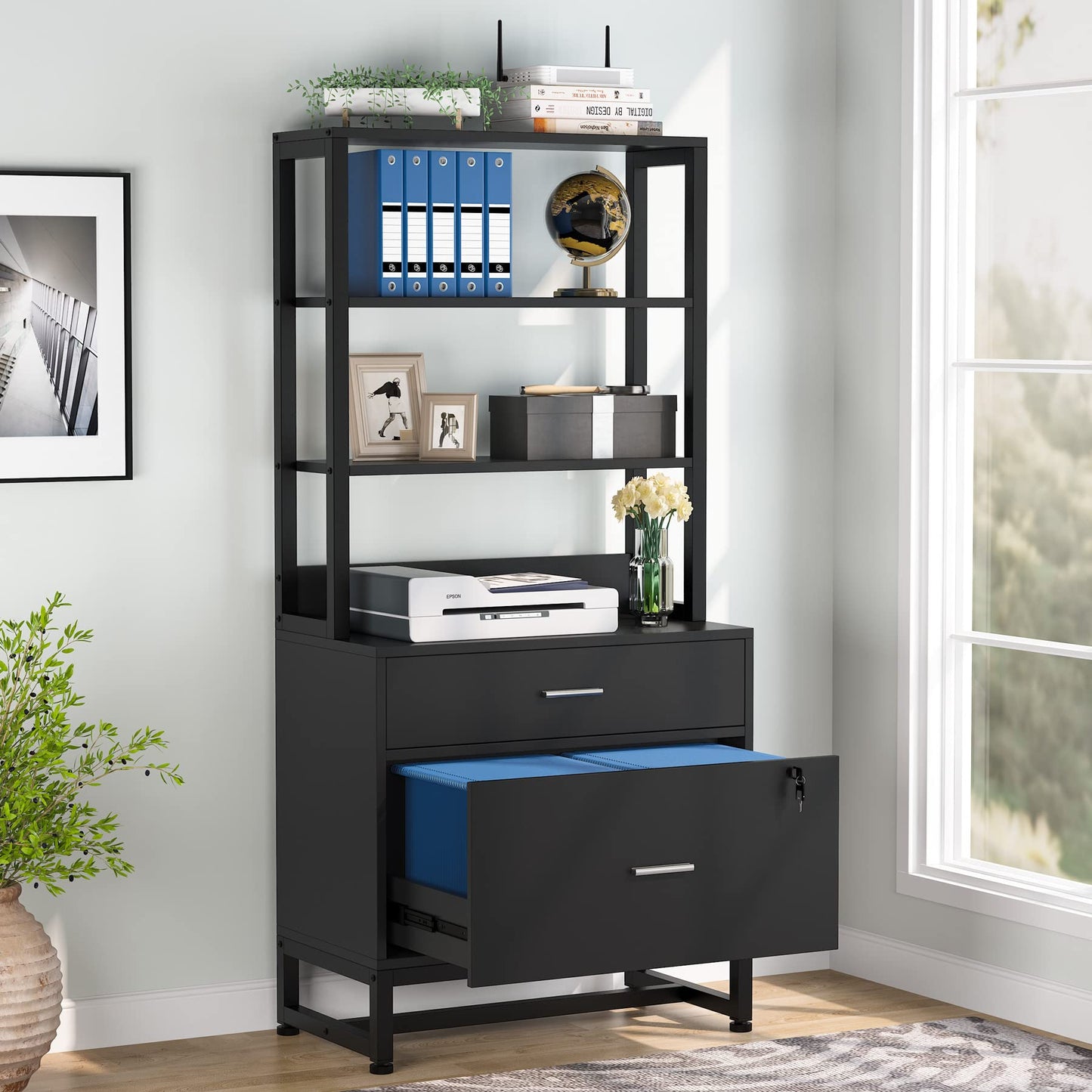 Tribesigns Modern 2 Drawer Vertical File Cabinet with Lock and Open Bookshelf Storage, Black - WoodArtSupply