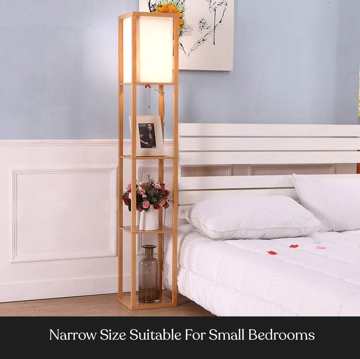 Brightech Maxwell - Modern Shelf Floor Lamp with Lamp Shade and LED Bulb - Corner Display Floor Lamps with Shelves for Living Room, Bedroom and Office - Natural Wood Brightech