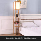 Brightech Maxwell - Modern Shelf Floor Lamp with Lamp Shade and LED Bulb - Corner Display Floor Lamps with Shelves for Living Room, Bedroom and Office - Natural Wood Brightech