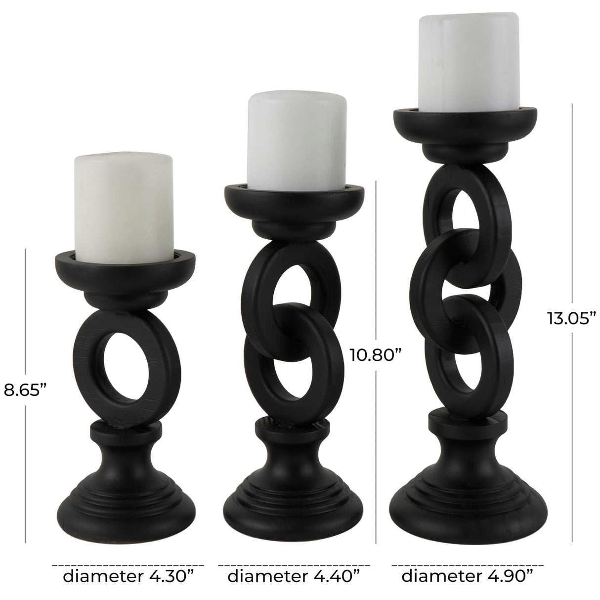 Deco 79 Wooden Decorative Candle Holder Chain Link Candle Stand, Set of 3 Candlestick Holder 13", 11", 9" H, Black Deco 79