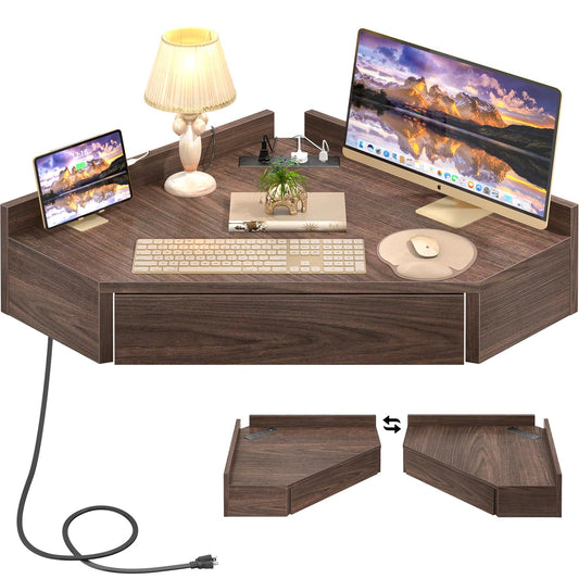 armocity Floating Corner Desk with Outlets & USB Ports, Wall-Mounted Corner Table for Small Space, Triangle Computer Desk with Drawer for Home Office, Vanity Desk, Corner Space, Bedroom, Espresso