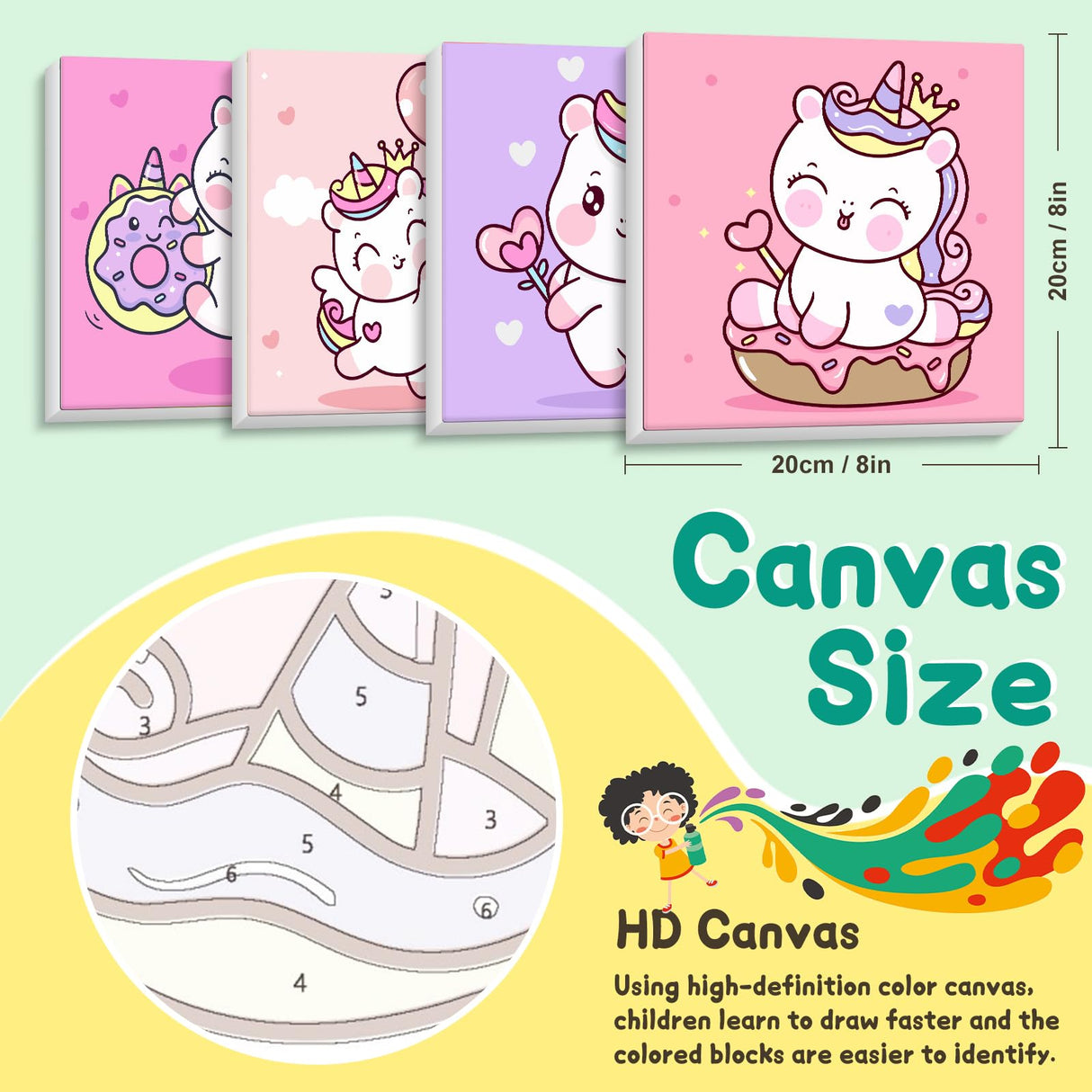 4 Pack Paint by Numbers Kit for Kids with Wooden Frame, Unicorns Easy Framed Paint by Numbers for Kids Age 4-8-12, DIY Simple Acrylic Oil Kids Painting by Numebrs Kit for Home Wall Decor (8x8 Inch) Offito