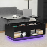LED Coffee Table for Living Room Lift Top Coffee Tables with Storage Morden High Gloss 4 Tiers Black Tea Table Center Tables Sofa Hidden Compartment & 2 Open Shelve HOMMPA