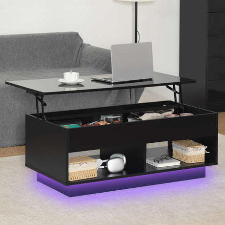 LED Coffee Table for Living Room Lift Top Coffee Tables with Storage Morden High Gloss 4 Tiers Black Tea Table Center Tables Sofa Hidden Compartment & 2 Open Shelve HOMMPA