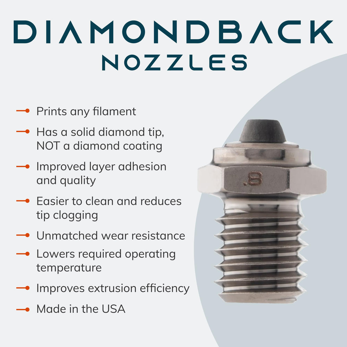 Diamondback Nozzles – MAKO/FIN Compatible – Polycrystalline Solid Diamond Tip 3D Printer Nozzles, Improved Extrusion, Any Filament, Long Life, Wear Resistant, Layer Adhesion, USA Made (0.8mm) US Synthetic