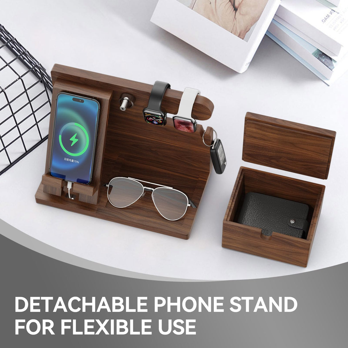 Walnut Wood Phone Docking Station with Wireless Charging, Nightstand Organizer for Men & Women, Compatible with iPhone/Samsung/Apple Watch/AirPods, Gifts for Dad, Husband, Anniversary, Birthday ACTESE