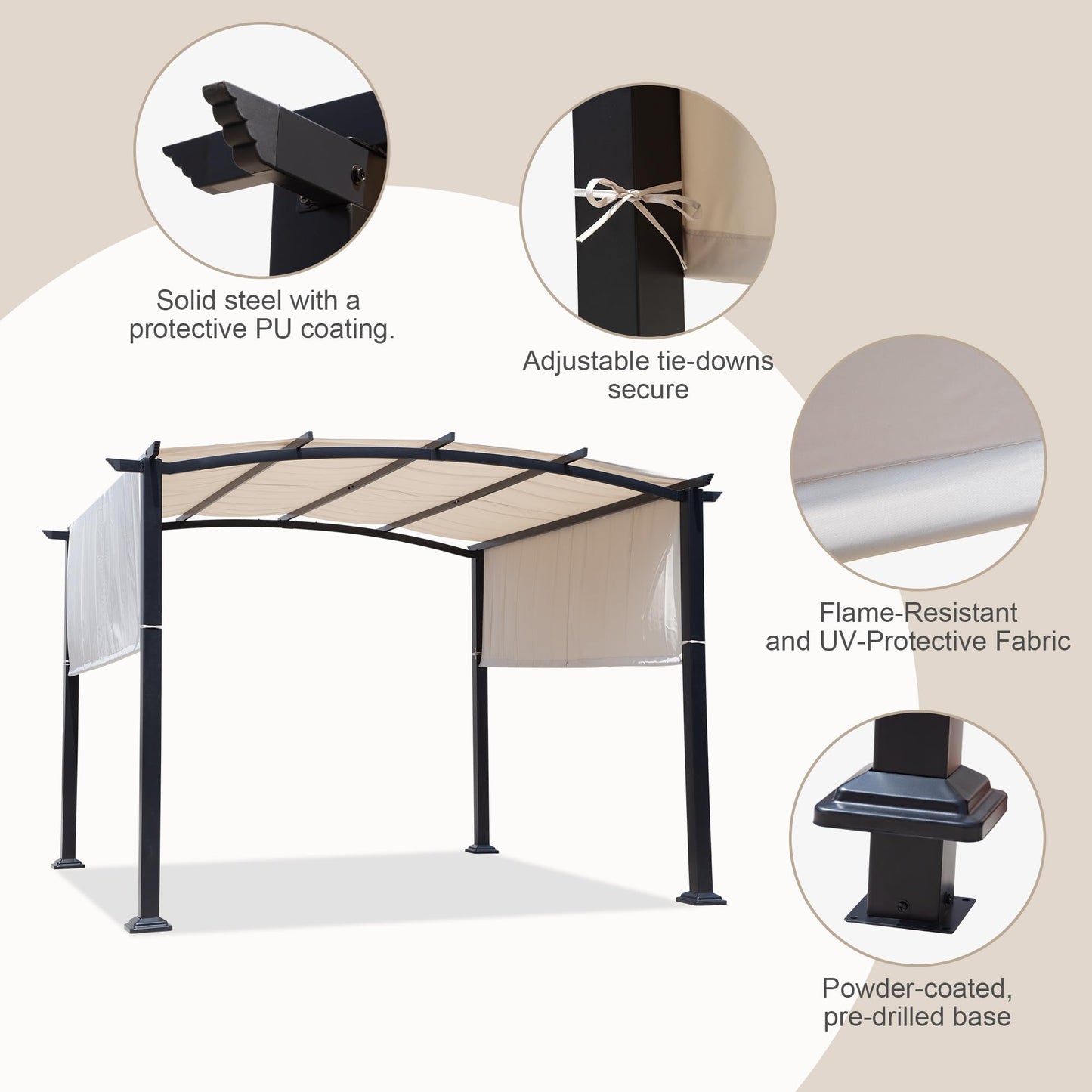 Yardsight 10' X 10' Outdoor Pergola, Patio Pergola with Retractable Canopy, Metal Top Pergola for Deck, Party, Backyard, Porch, Beach (Arched Top)