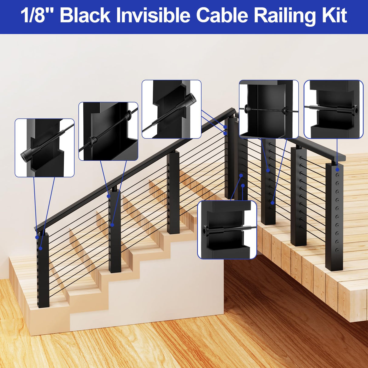 BLIKA 60 Pack 1/8" Black Stainless Steel Invisible Receiver and Swage Stud End for Cable Railing, Deck Stair Threaded End Fitting for Wood & Metal Post, Black Cable Railing Hardware BLIKA