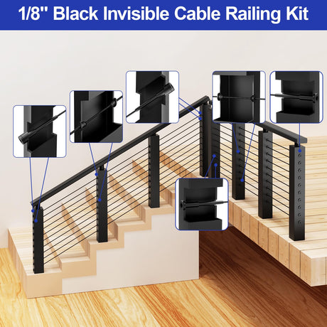 BLIKA 60 Pack 1/8" Black Stainless Steel Invisible Receiver and Swage Stud End for Cable Railing, Deck Stair Threaded End Fitting for Wood & Metal Post, Black Cable Railing Hardware BLIKA