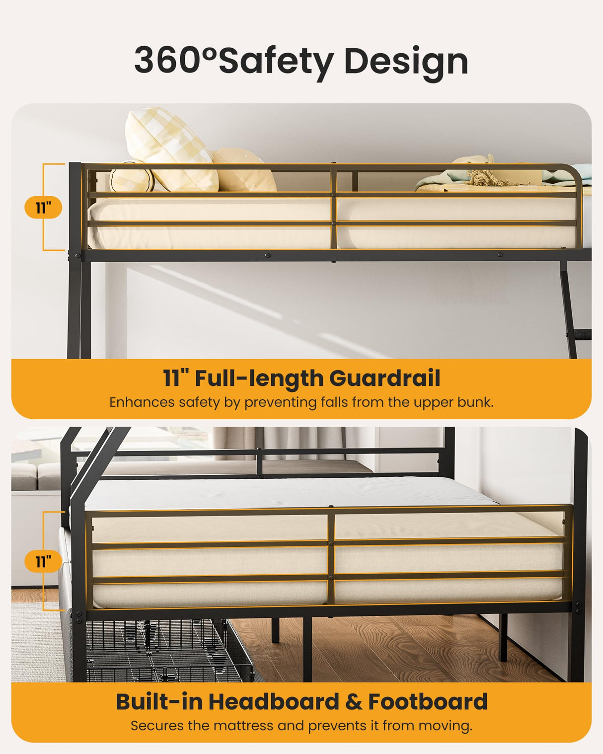 Mixcous Bunk Beds Twin Over Full Size, Heavy Duty Bunk Beds with 2 Storage Drawers, Safety Guardrails & Padded Ladder, Twin Over Full Bunk Bed, No Box Spring Needed, Black Mixcous