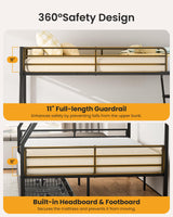 Mixcous Bunk Beds Twin Over Full Size, Heavy Duty Bunk Beds with 2 Storage Drawers, Safety Guardrails & Padded Ladder, Twin Over Full Bunk Bed, No Box Spring Needed, Black Mixcous