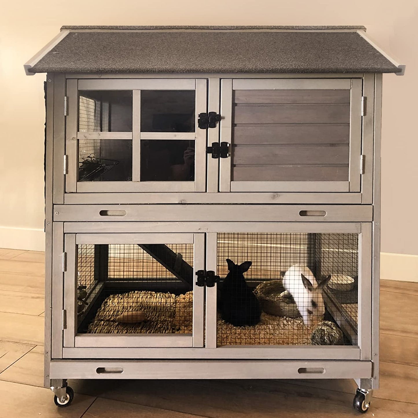 Rabbit Hutch Indoor Outdoor Bunny Cage Rabbit House with Movable Wire Netting, Guinea Pig Habitat On Wheels,Pull Out Leak Proof Tray L38.6 x D25.6 x H44.2