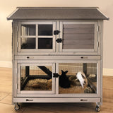 Rabbit Hutch Indoor Outdoor Bunny Cage Rabbit House with Movable Wire Netting, Guinea Pig Habitat On Wheels,Pull Out Leak Proof Tray L38.6 x D25.6 x H44.2 GUTINNEEN