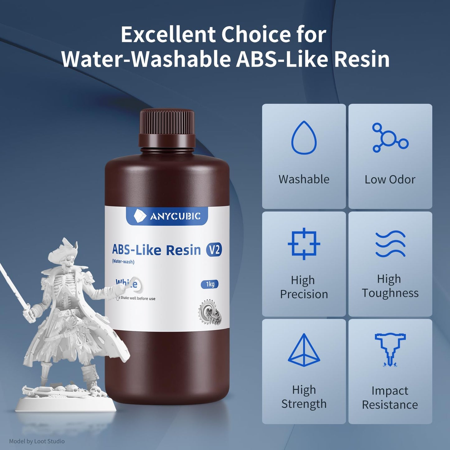 ANYCUBIC Water Washable ABS-Like 3D Printer Resin, High Toughness and Durability, High Precision and Easy to Post-Process, Low Odor, Wide Compatibility for All LCD Resin 3D Printers (White, 1kg)