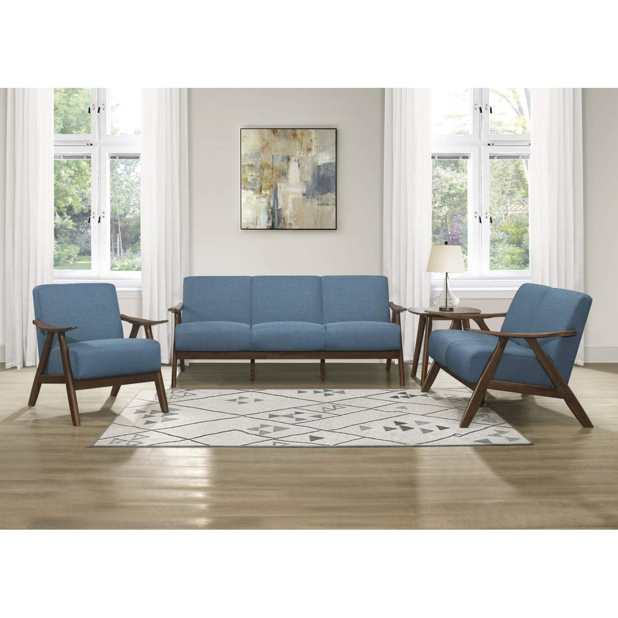 Lexicon Mid Century Modern Accent Chair with Solid Wood Frame in Walnut Finish, Upholstered Living Room Lounge Arm Chair, Thick and Comfy Innerspring Seat Cushion, Linen-Look Fabric, Blue Lexicon