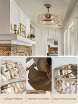 Curve Curio Caged Ceiling Fans with Lights, 18 Inch Farmhouse Ceiling Fans with Lights and Remote, Industrial Fandelier Ceiling Fan Bladeless for Bedroom Living Room Curve Curio