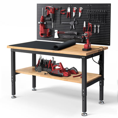 ENJOYWOOD Work Table for Garage 60 Inch Workbench with Storage Adjustable Height Rubber Wood Tabletop Work Bench with Power Outlets Pegboard Pad for Cutting Wood Shop Woodworking Home Office