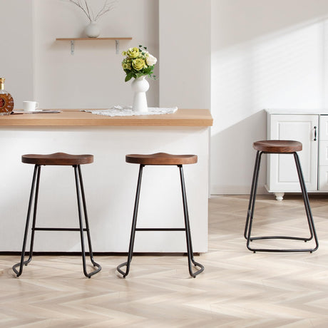 HeuGah Bar Stools Set of 3, Solid Wood Counter Height Bar Stools 26 Inch Barstool Chair for Kitchen Island Rustic Saddle Seat Backless Stools with Metal Leg (Walnut, 3 PCS 26Inch Counter Chair) HeuGah